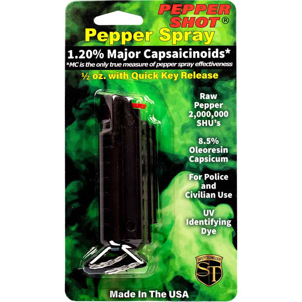 Pepper Shot Pepper Spray, 1.2% Major Capsaicinoids, 2 Million SHU, 0.5 oz, 6-8 Foot Range, 6-10 Bursts, Hard Protective Case, Belt Clip, Quick Release Keychain, UV Dye, Available in Black/Blue/Pink/Red - Image 3