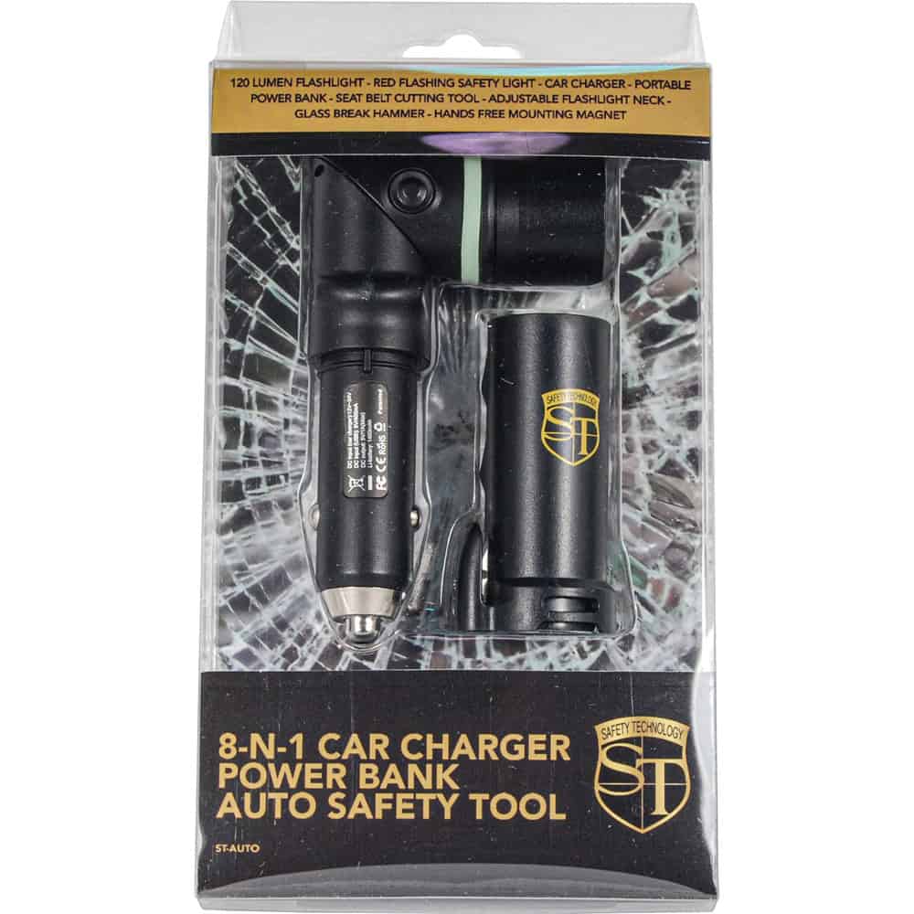 8-N-1 Car Charger Power Bank Auto Safety Tool, 1400mAh Portable Battery, 120-Lumen Adjustable Flashlight, Glass Breaker, Seat Belt Cutter, Magnetic Base, Red Emergency Beacon, Glow-in-Dark Band, USB Cable Included - Image 10